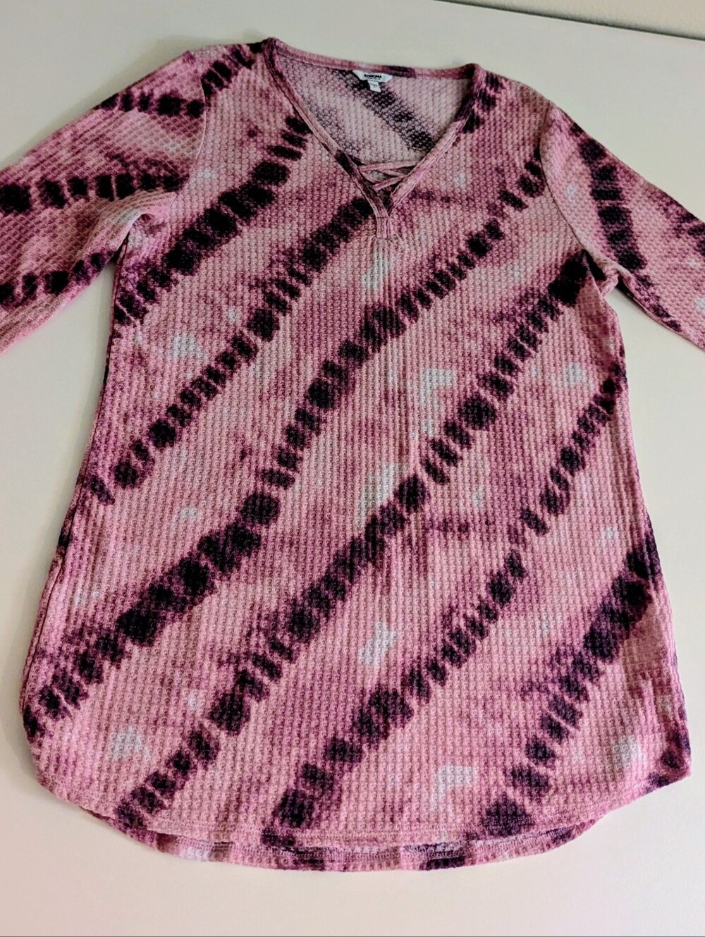 Sonoma Pink Tie Dye Waffle Knit Top Size Large Boho Lace Up Neck Soft Cozy